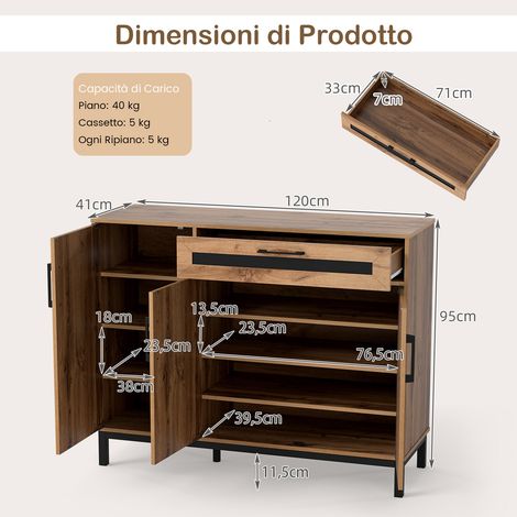 Buffet de cuisine style champêtre avec tiroir et étagères amovibles, table console moderne 3 portes pour salon et bar 120 cm (1/5)