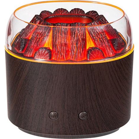 Umidificatore dinamico rotativo con nebulizzazione, finitura esterna effetto legno, illuminazione ambientale Flaming Mountain, diffusore di aromi, umidificatore a ultrasuoni con nebulizzazione (1/2)