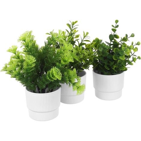 Lot de 3 Petites Plantes Artificielles en Pot Blanc à Rayures Eucalyptus Artificiel Feuilles de Magnolia et Bruyère Enneigée Décoration Intérieure pour Bureau Salon et (1/5)