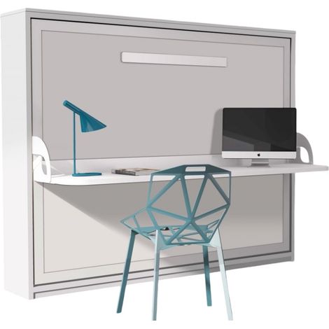 Les Tendances – Lit escamotable avec bureau 140x190 cm – Blanc satiné – Système d'ouverture sécurisé – Matériaux mélaminé haute densité – Garantie 10 ans (1/5)