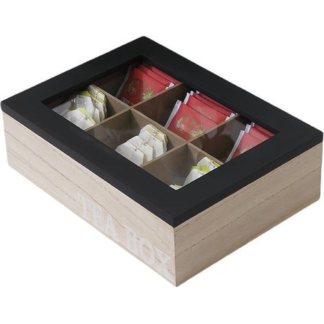 Boîte à thé - Boîte de rangement pour sachets de thé - Bois - Couvercle en acrylique transparent - 6 compartiments - Sachets de thé non inclus - Noir (1/5)