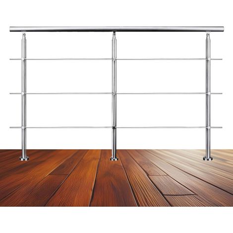 Garde-corps 200cm argenté, 1 main courante, 3 traverses, inox 201, intérieur et extérieur, design moderne - kit complet