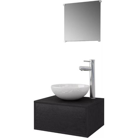 Meuble de salle de bain 7 pièces bois laqué noir Val (1/5)