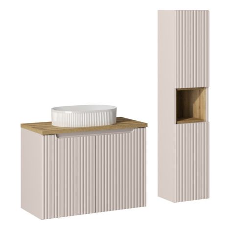 Ensemble Meuble Salle de Bain 2 portes 80 cm + Vasque + Plateau effet chêne + Colonne - Astral - Beige crème - Livraison gratuite