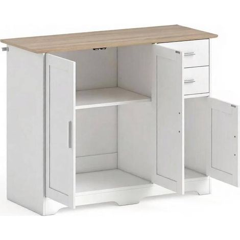 Buffet moderne en panneau de particules et MDF blanc effet bois avec 2 tiroirs et 2 armoires, 100x40x78 cm (1/5)