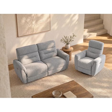 Divano 3 posti e poltrona relax elettrica in tessuto testurizzato grigio BREVIO (1/5)
