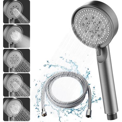 Pommeau de Douche Haute Pression, Pommeau de Douche Économie d'Eau 5 Modes Réglable, Pommeau de Douche Économique, Douchette Douche Salle de Bain, Pommeau de Douche avec 1.5M Tuyau (Grey Set) (1/5)