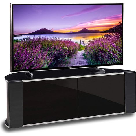MDA Designs Sirius 1200 Remote Friendly Beam Thru Glass Door Gloss Piano Black with Black Front Profiles & Silver Trim up to 55" LCD/Plasma/LED Cabinet TV Stand (1/5)
