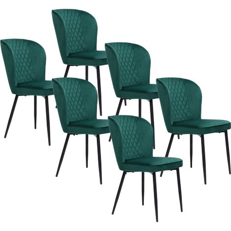 Chaises de salle à manger (Lot de 6), Vert foncé — Chaises de designer rembourrées avec dossiers, assises en velours et structures en métal (1/5)