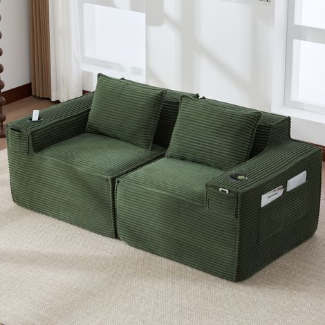 2-Sitzer Sofa 188x90x75 cm Grün Kordstoff modular mit Getränkehaltern und Seitentaschen (1/5)