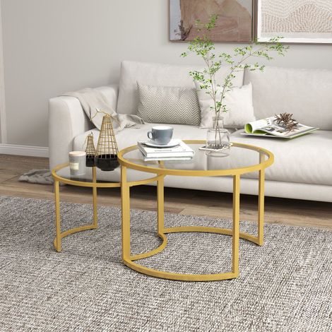 Ensemble de 2 tables basses rondes gigognes modernes dorées avec plateau en verre trempé et structure en acier pour la décoration du salon (1/5)
