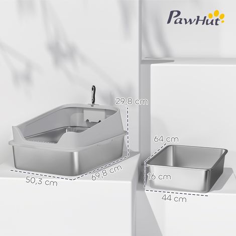 Bac à litière ouvert en acier inoxydable avec pelle, bords hauts, pour grands chats jusqu'à 12 kg, 69,8 x 50,3 x 29,8 cm, gris (1/5)
