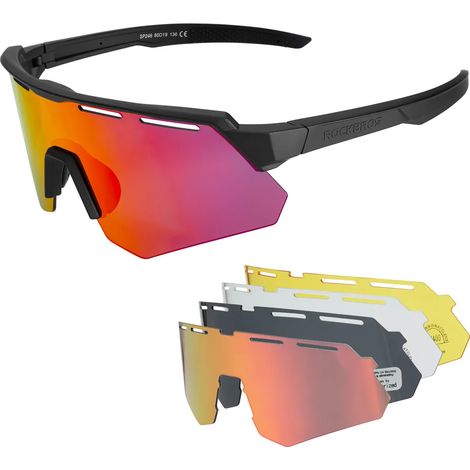 Lunettes de cyclisme ROCKBROS, verres polarisés, 4 verres interchangeables, protection UV-400, noires (1/2)