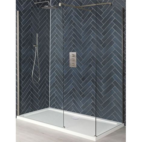 Milano Hunston Brushed Nickel Corner Walk In Wet Room Shower Enclosure with Screens  Support Arms and White Tray - 1700mm x 800mm (1/5)