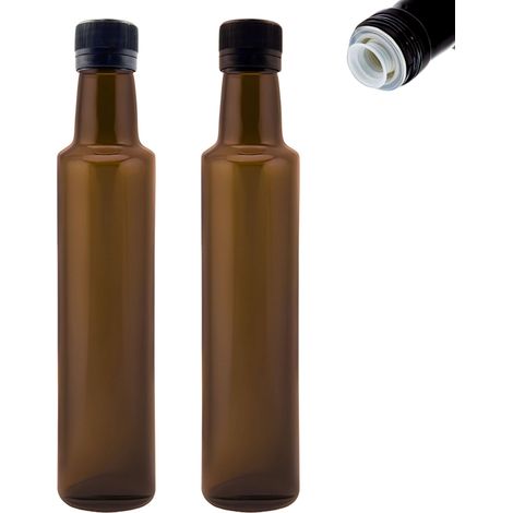 Lot de 2 bouteilles d'huile de 250 ml avec bec verseur - En verre marron - Distributeur d'huile avec doseur et étiquettes (1/4)