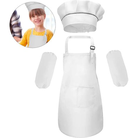 Tablier enfant pour fille, set de cuisine et de pâtisserie, casquette de chef, gants de four et autres accessoires pour enfants, cuisine, carrière, jeu de rôle, jeu de déguisement pour enfants, blanc, (1/5)