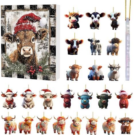 Calendrier de l'Avent 2024, Calendrier de l'Avent Vache des Highlands 2024, Compte à rebours de Noël de 24 jours avec décorations en acrylique représentant des vaches des Highlands (1/5)