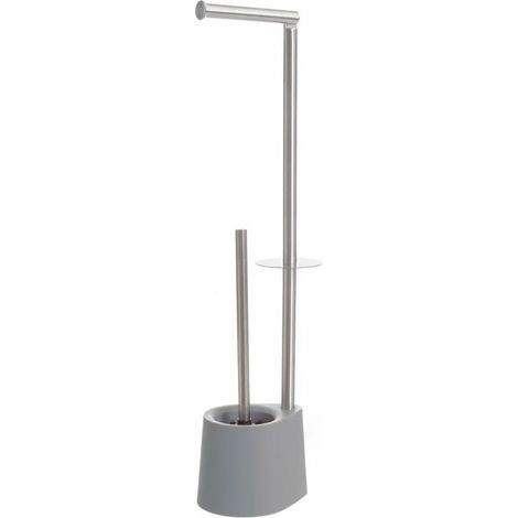 Dérouleur papier toilette, réserve et brosse WC gris et chrome (1/5)