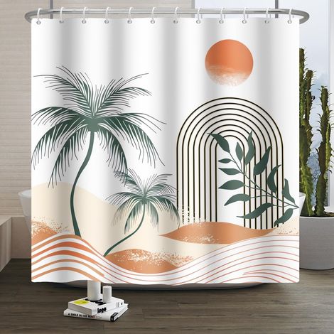 Rideau de Douche Boho Soleil Ligne Palmiers Beige Sable d'été Rideau de Salle de Bain imperméable Vagues abstraites Feuilles Vertes Tissu Polyester Blanc Décoration 180x240cm (1/5)