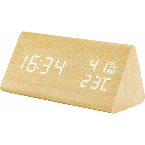Reloj despertador de madera triangular YJ-5038 con control de voz, temperatura y humedad, pantalla digital, despertador eléctrico (1/5)