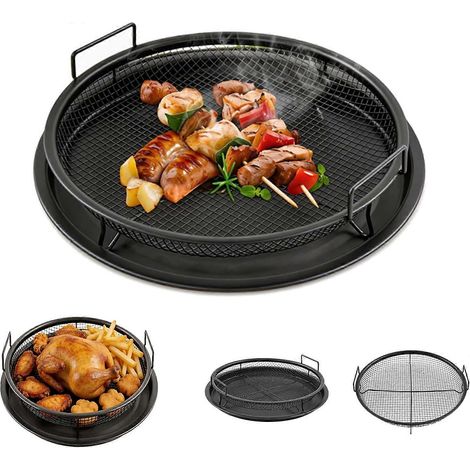 Panier friteuse à air chaud : 2 plaques rondes noires antiadhésives acier inoxydable 328 cm, bac récupérateur de graisse inclus (1/5)