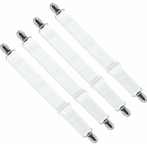 Verstellbarer Kleiderbügel (65 cm bis 150 cm), verstellbarer Befestigungsgurt für Bettlaken, Sofabezüge und Bügelbrettbezüge (Weiß, 4er-Set)