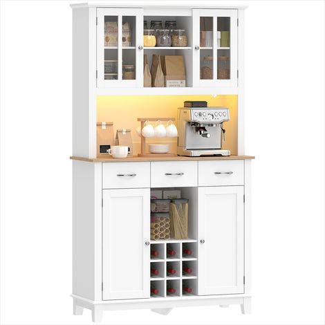 Buffet haut en panneau de particules blanc, éclairage LED RGB, rangement vin et vaisselle, style contemporain (1/5)