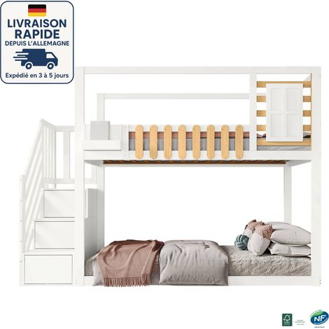 MODFU - Litera infantil de madera 90x200cm, con escalera de almacenaje, sin colchón, anticaída, color blanco (1/5)