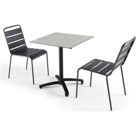 Ensemble table de jardin stratifié beton clair et 2 chaises grises (1/5)