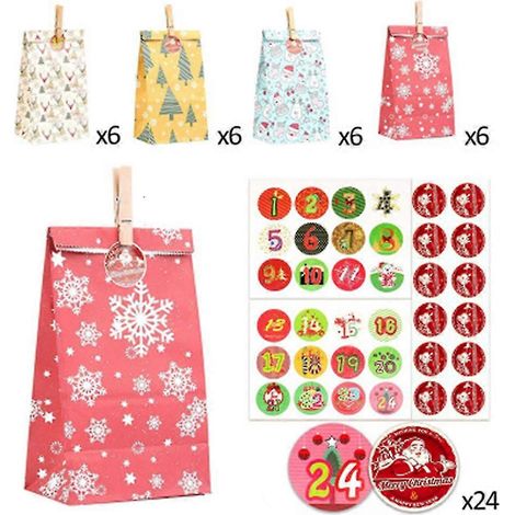 Ensemble de 24 sacs cadeaux en papier kraft coloré pour Noël, calendrier de l'Avent et emballage cadeau. (1/5)