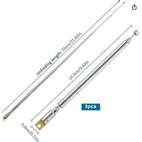 Antenne télescopique radio 7097-7 sections joint universel, antenne rétractable, 14,3 cm pliée, 55 cm dépliée.