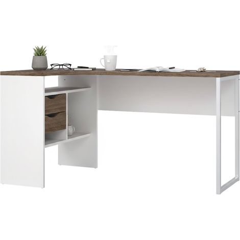 Dmora Escritorio de esquina con dos cajones, blanco y roble, 145 x 76 x 81 cm, con embalaje reforzado