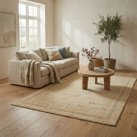 Tapis Loribaft Tapis Croco - Tapis en laine - 90x60cm, Rectangular - 92% Laine vierge, 8% Soie - Noué main - Naturel