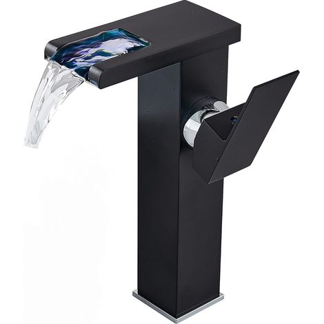 Grifo de baño - Agua fría y caliente - LED que cambia de color - Caño ancho tipo cascada - Negro - Altura 24 cm (1/5)