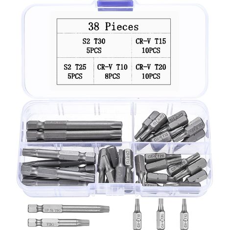 38 Pcs Embouts de Vissage, Embout Torx Tournevis de Precision, T10 T15 T20 T25 T30 Bits, Embouts étoilé de Sécurité, Jeu d'embouts Torx à Tige Hexagonale 1/4" (1/5)
