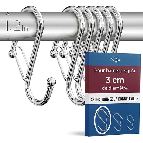 6 ganci a S con sistema anticaduta. Lunghezza: 10 cm. Per barre fino a 3 cm di diametro. Aiuta a organizzare la casa. (Argento, Grande (Barre 3 cm))
