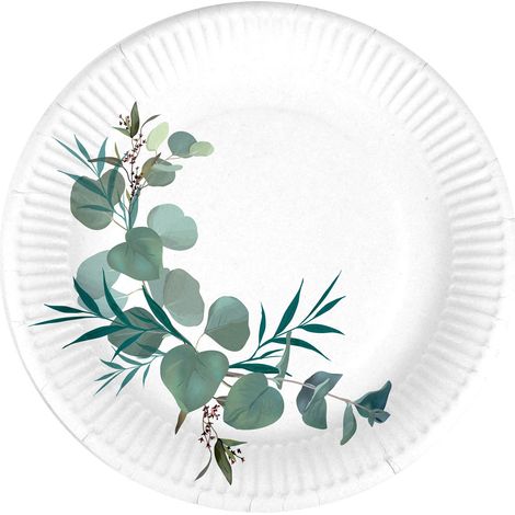Set de 10 assiettes carton 18 cm Branche d'eucalyptus