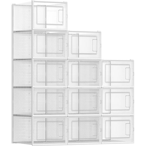 Boîtes à Chaussures Empilables, Lot de 12, 25,2 x 35 x 19 cm, Organisateurs de Rangement, Transparent et Blanc (1/5)