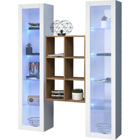 Parete Attrezzata Soggiorno 2 Vetrine Bianco Libreria Rovere 140 cm (1/5)