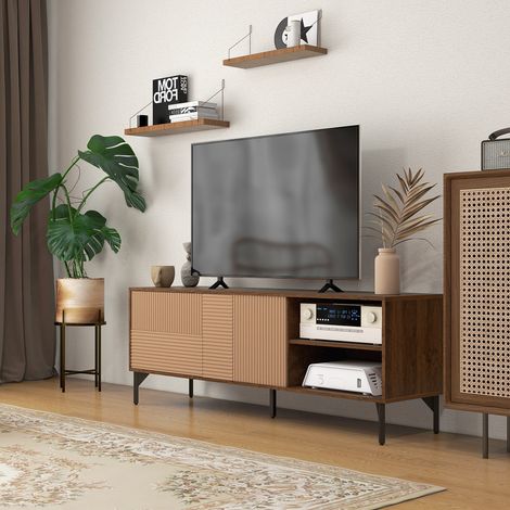 Armoire TV 65" Bois Marron 2 armoires compartiments ouverts basse trous câbles 150x40x56 cm
