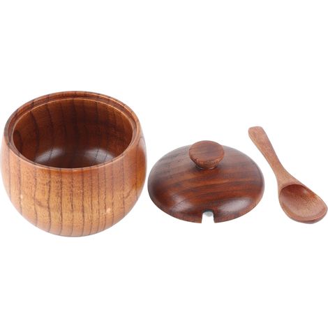 Pot à épices en bois massif avec cuillère et couvercle, 1 pièce, bol à sucre, ustensile de cuisine pour condiments. (1/5)