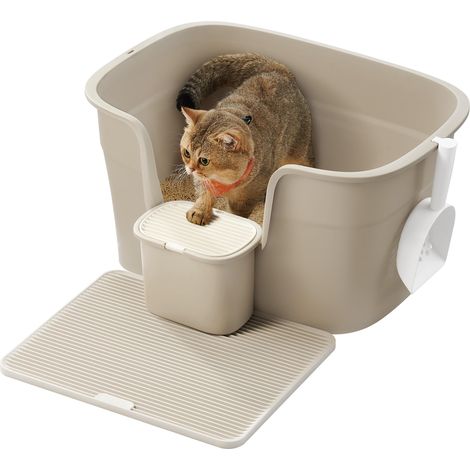 Bac à Litière pour Foyers Multi-Chats, Litière Extra Large avec Paroi Latérale, avec Un Tapis de Litière, Boîte de Rangement, Pelle, pour Grand Chat, Beige Cappuccino PPT003K01 (1/5)