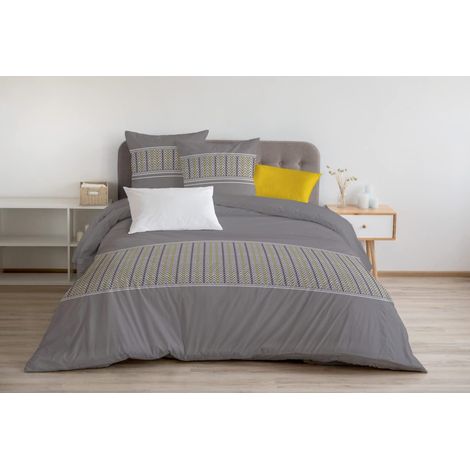 Housse de Couette 3 Pièces 100% Coton 57 Fils 2 Personnes 220 x 240 cm Gris Fonce (1/4)