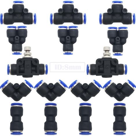 Pneumatic Connector, 16 pcs Quick Coupling Air Push Kit, Connecting Tube Fitting, for 8 mm PU/PE/Nylon Tube (Type Y + T + L + I + Combo Hose Throttle Valve) (1/5)
