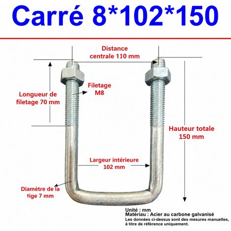 Collier carré à boulon d’angle M8 8x102x150 mm pour tube acier galvanisé 102 150 100 70 299 g – Livraison gratuite
