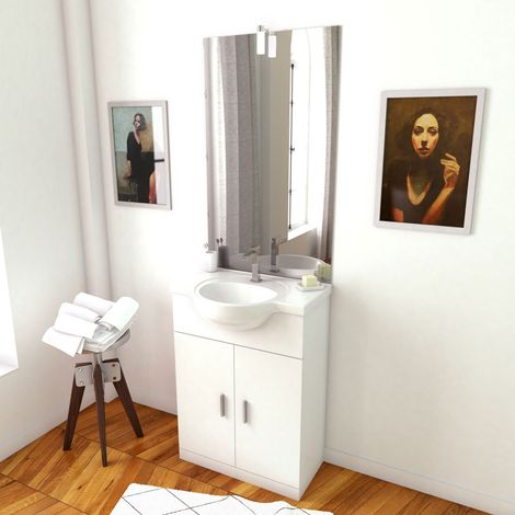 Mueble de baño blanco 60cm + lavabo de cerámica + espejo con aplique LED (1/4)
