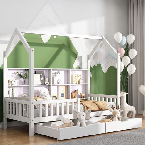 DESVIAE Lit cabane enfant avec bibliothèque étagères de rangement 2 tiroirs pin massif blanc 90x200 cm (1/4)