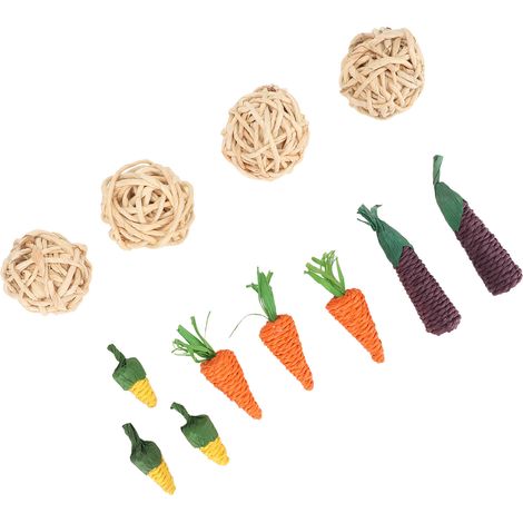 Jouet à mâcher pour petits animaux : carotte, maïs, aubergine. Divertissement garanti pour hamsters, lapins et cochons d'Inde. (1/5)