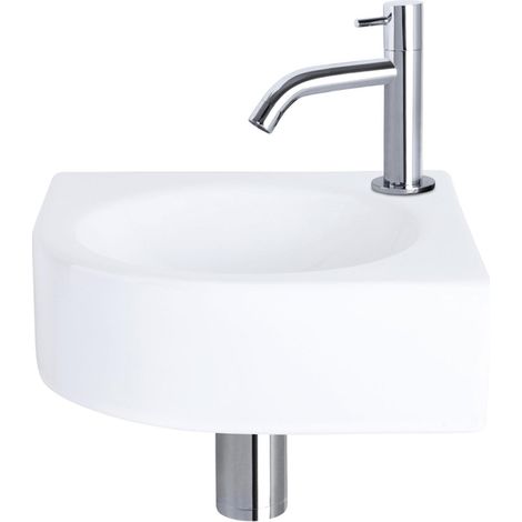 Differnz Cleo Kit lave-mains - 30x30x10cm - Quart de rond - 1 trou de robinet - Robinet chromé courbé - Céramique blanche