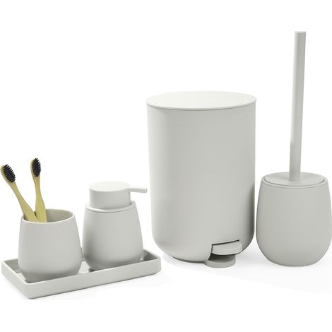 5 Pièces Ensemble Accessoire Salle de Bain Beige Complet avec Poubelle (1/5)